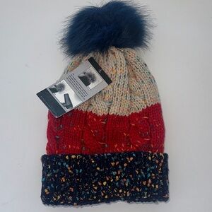 Stylish Red and Blue Knit Beanie with Pom-Pom, with Fleece